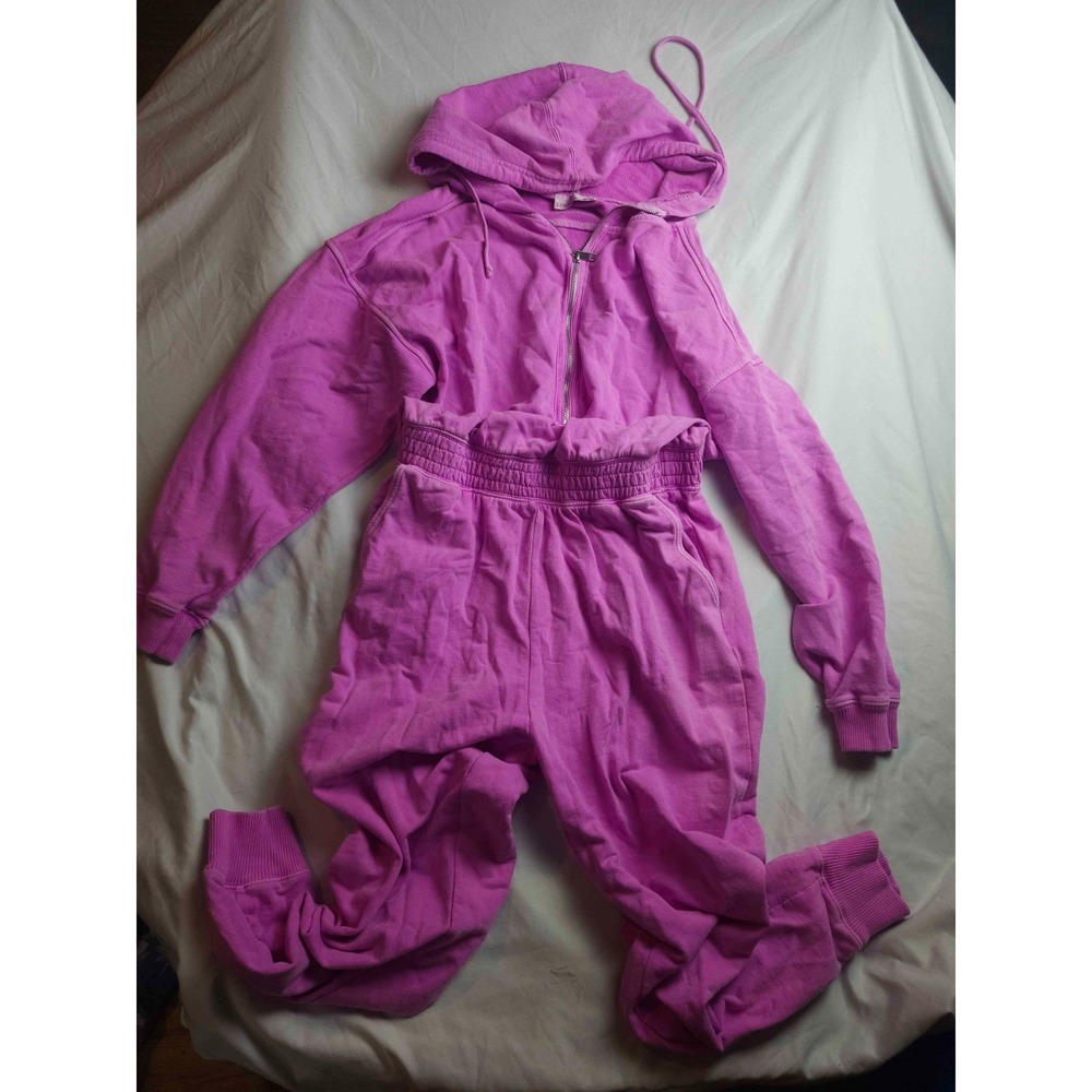 Zenana Jumpsuit Womens Small‎ Purple French Terry Hooded Jogger Romper Lounge
